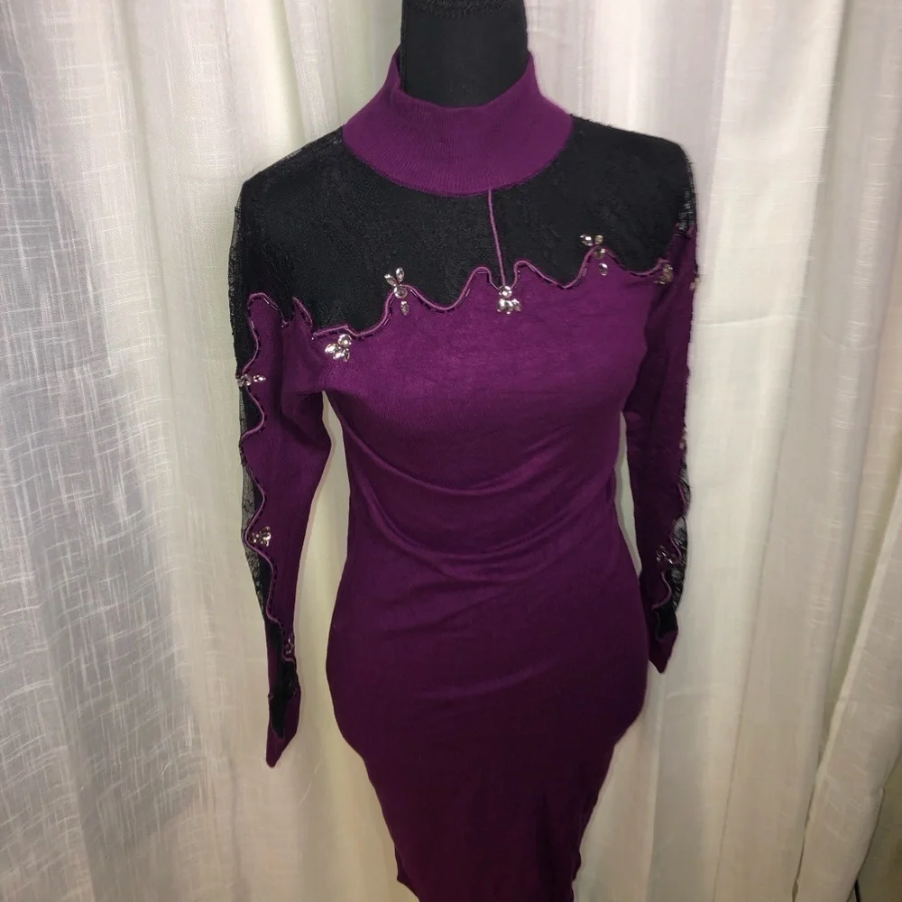 VENUS Purple and Black Lace Mini Sweater Dress NWOT